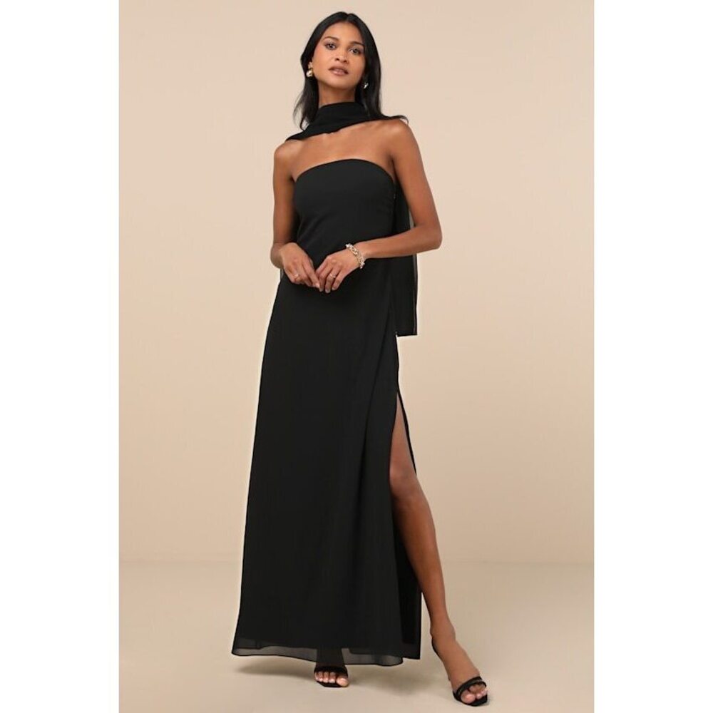 Lulus Rawya Black Strapless Maxi Dress And Scarf Set - Size M
